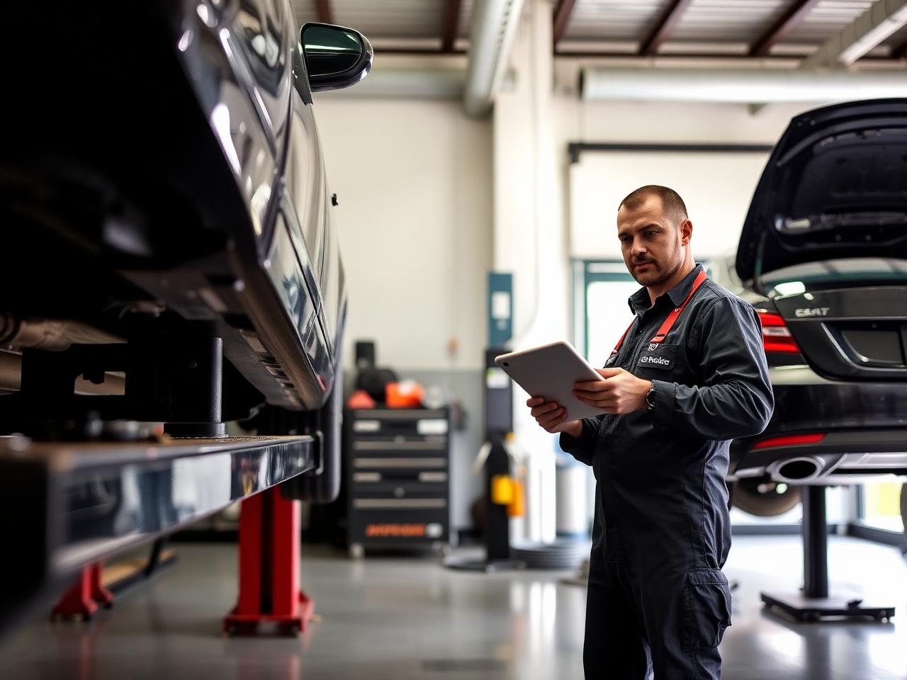 KFZ-Mechaniker mit Tablet in einer Werkstatt