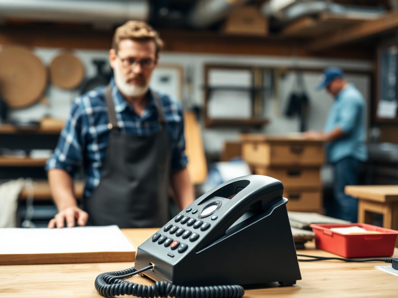 Klingelndes Telefon im Handwerksbetrieb, während im Hintergrund gearbeitet wird
